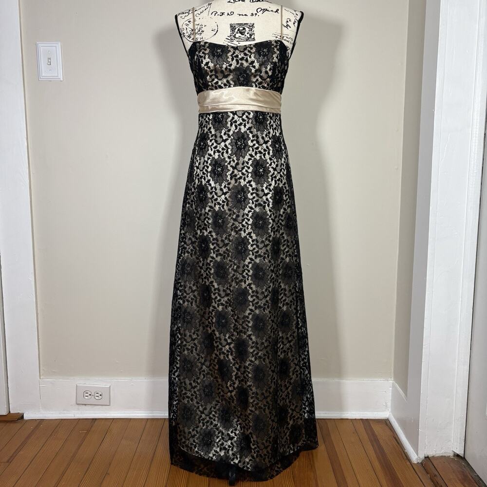 Vintage 90s Betsy & Adam Black Lace Maxi Gown Champagne Satin Sash 8